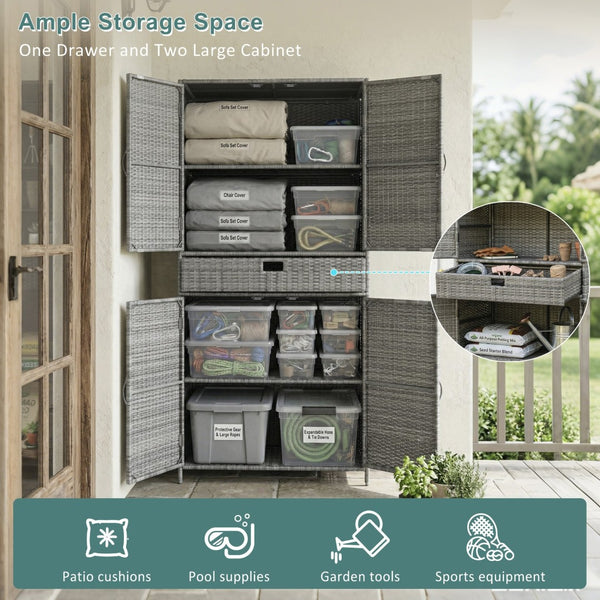 English Elm K&k Tall Arched Pe Rattan Outdoor Storage Cabinet with Adjustable Shelves and Steel Frame Grey N707P420102G