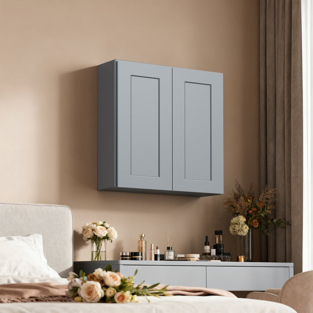 English Elm Gray Shaker Solid Wood Wall Cabinet Soft Close Double Door Kitchen Storage Gray T2950P479301