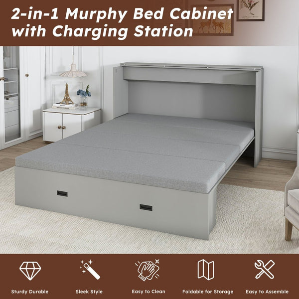 English Elm 57 Inch Murphy Bed Cabinet with Storage Drawers Charging Station and Rolling Casters Gray W509S00156