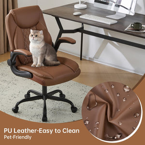 English Elm Leather Executive Desk Chair with Flip up Armrests Lumbar Support and Spring Cushion Brown T5339P459854