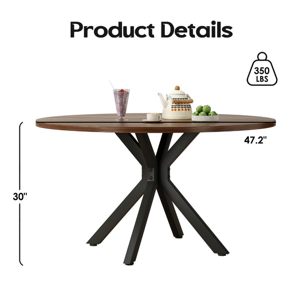 English Elm 47" Round Wood Dining Table Seats Six with Industrial Metal Base for Modern Homes T3623P433924