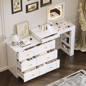English Elm Vanity LED Mirror Desk with Flip-Top Dual Function, 7 Drawers & Multiple Shelves for Organized Glam White 32.28 L x 19.69 W x 8.86 H N733S363650K
