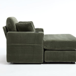 English Elm [New]Corduroy Upholstered Chaise Lounge Sofa with Detachable Cushions, Deep Seat, Cup Holders Green W2120P322754