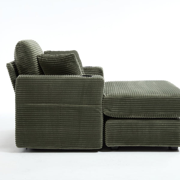 English Elm [New]Corduroy Upholstered Chaise Lounge Sofa with Detachable Cushions, Deep Seat, Cup Holders Green W2120P322754