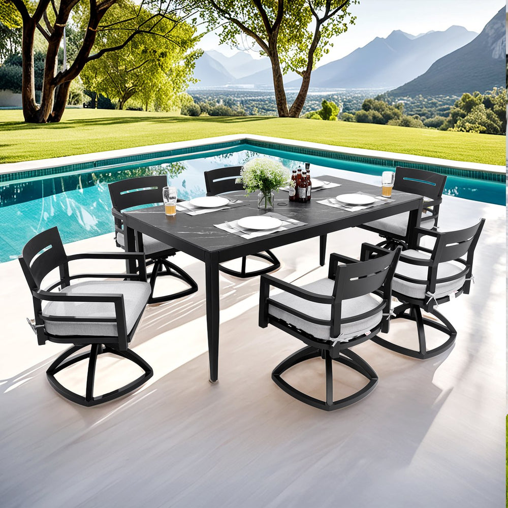 English Elm Modern 7-Piece Outdoor Aluminum Dining Set With Swivel Rockers & Elegant Sintered Stone Tabletop W1886S00019