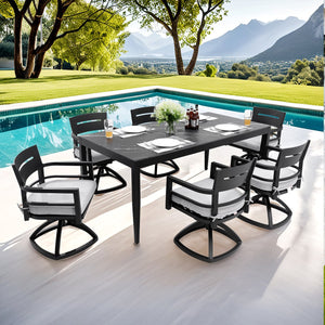 English Elm Modern 7-Piece Outdoor Aluminum Dining Set With Swivel Rockers & Elegant Sintered Stone Tabletop W1886S00019