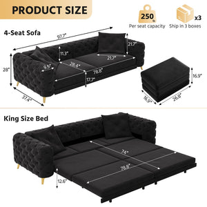 English Elm 97.6" Oversized Velvet Chesterfield Sleeper Sofa Floral Tufted Roll Arm Living Room Couch Black W1885S00410