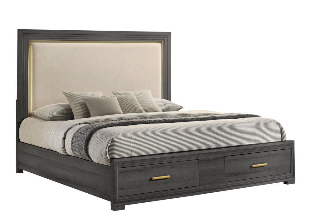 English Elm Colorado King Bedroom Set with Led Upholstered Headboard and Charcoal Wood Finish B009S02323