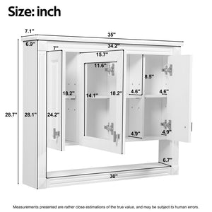 English Elm 35inch White Wall Mounted Medicine Cabinet Mirrored Doors Open Shelving Bathroom Storage N710P415335K