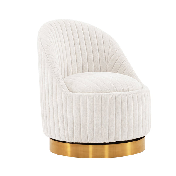 English Elm Leela Plush Chenille Swivel Lounge Chair with Brushed Gold Base, Ribbed Stitching, 440lb Capacity Cream B365P397955