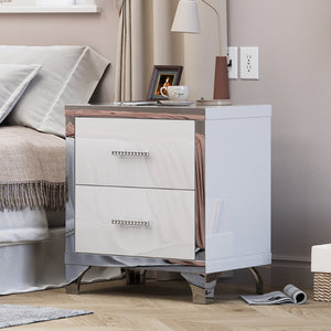 English Elm High Gloss Mirrored 2 Drawer Nightstand Slim Metal Legs Modern Bedroom Side Table White W5271P416521