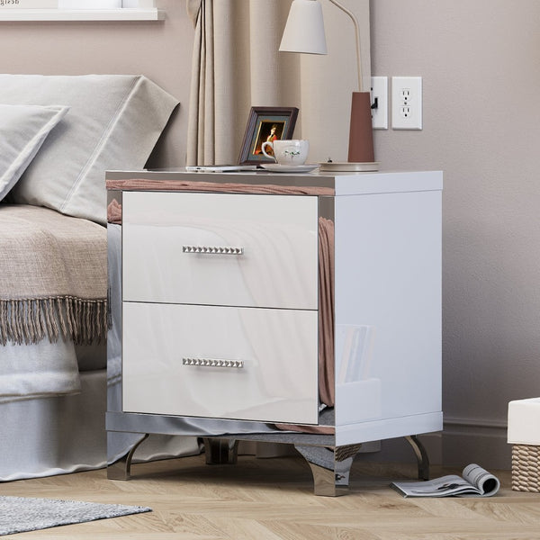 English Elm High Gloss Mirrored 2 Drawer Nightstand Slim Metal Legs Modern Bedroom Side Table White W5271P416521