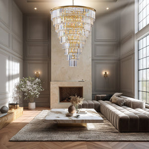 English Elm 48-Inch Gold Tiered Crystal Chandelier — 45-Light E12, 580 Crystal Rods, Mirror Finish, Dramatic Foyer Statement W2869S00030