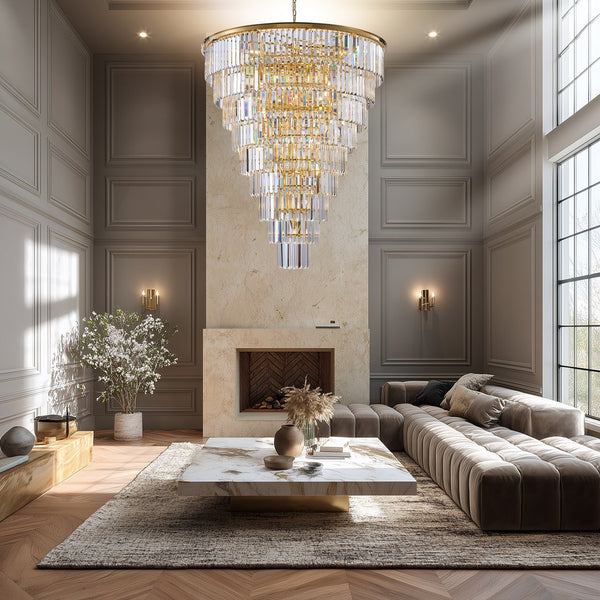 English Elm 48-Inch Gold Tiered Crystal Chandelier — 45-Light E12, 580 Crystal Rods, Mirror Finish, Dramatic Foyer Statement W2869S00030