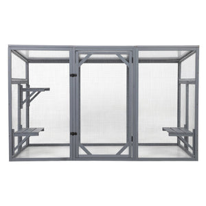 English Elm Outdoor Cedar Cat Enclosure with Polycarbonate Roof Three Platforms and Galvanized Mesh Run W2181P356206