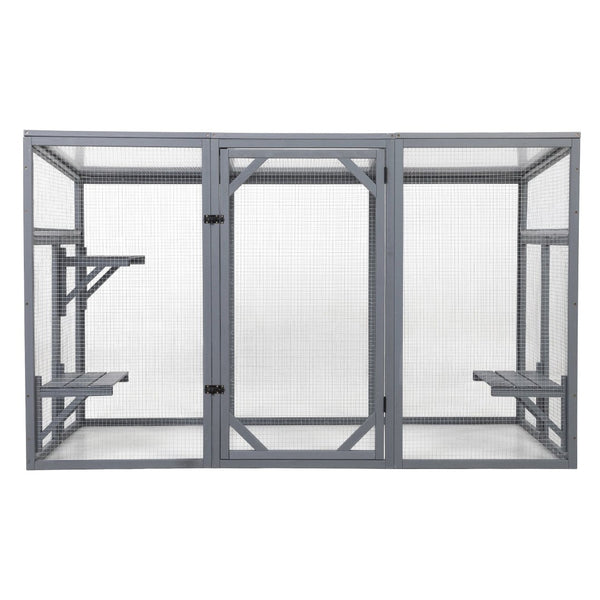 English Elm Outdoor Cedar Cat Enclosure with Polycarbonate Roof Three Platforms and Galvanized Mesh Run W2181P356206