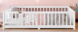 English Elm Full Floor Bed with Safety Guardrails and Play Door for Kids, Low Profile Pine Frame, 550lb Capacity White W1580P338950