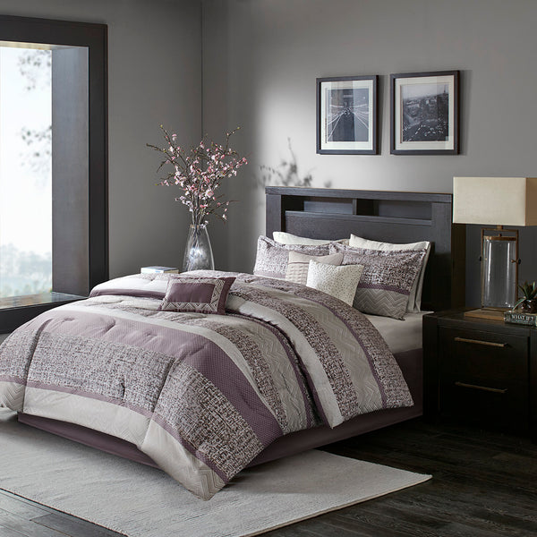 JLA Home Madison Park - 7 Piece Jacquard Comforter Set Luxe Purple and Grey Striped Motif with Beige Reverse, Pillows & Skirt 90 L x 90 W x 1.5H MP10-7327