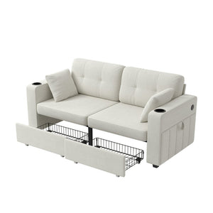 English Elm Sofas for Living Room Chenille Three Seat Couch with Usb Charging Storage and Cup Holder Beige W395S00142