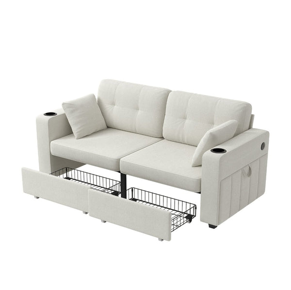 English Elm Sofas for Living Room Chenille Three Seat Couch with Usb Charging Storage and Cup Holder Beige W395S00142