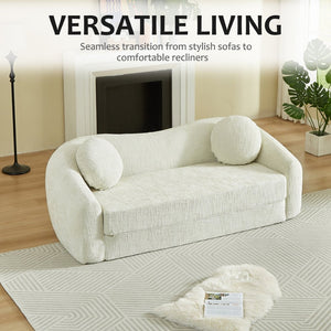 English Elm 86-inch Curved Chenille Convertible Sofa Recliner Frameless Folding Two-seater for Living Room Beige W3505P452816