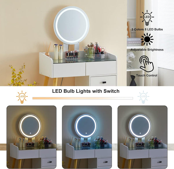 English Elm Dressing Table with LED Touch Mirror, Glass Top, 5 Drawers & Extendable Side Table, White, USB W2139P193930