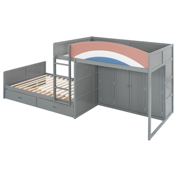 English Elm Full Size Offset Bunk Bed with Wardrobe Hanging Rod Drawers and Upholstered Rail Gray N820S00081E