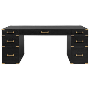 English Elm 70" Executive Writing Desk with Gold Metal Trim Seven Drawers and Built-in Power Outlets N751S376579B