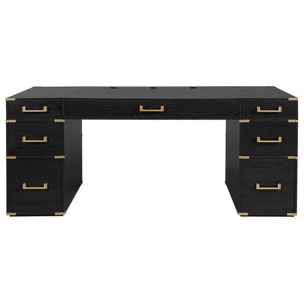 English Elm 70" Executive Writing Desk with Gold Metal Trim Seven Drawers and Built-in Power Outlets N751S376579B