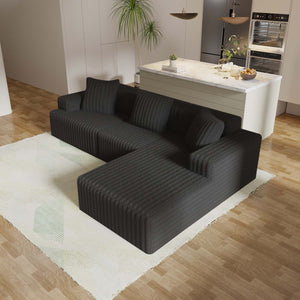 English Elm Compression Sectional Couch Plush Corduroy Chaise L-Shape Sleeper, Deep Seat Modular Sofa Black W3341P346292
