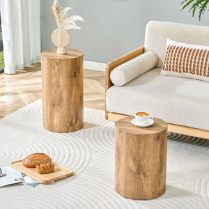 English Elm Modern Minimalist Wood Cylinder Coffee Table Set of 2 — Marble-Pattern MDF, Multi-Size, No Assembly Needed W1151S04196