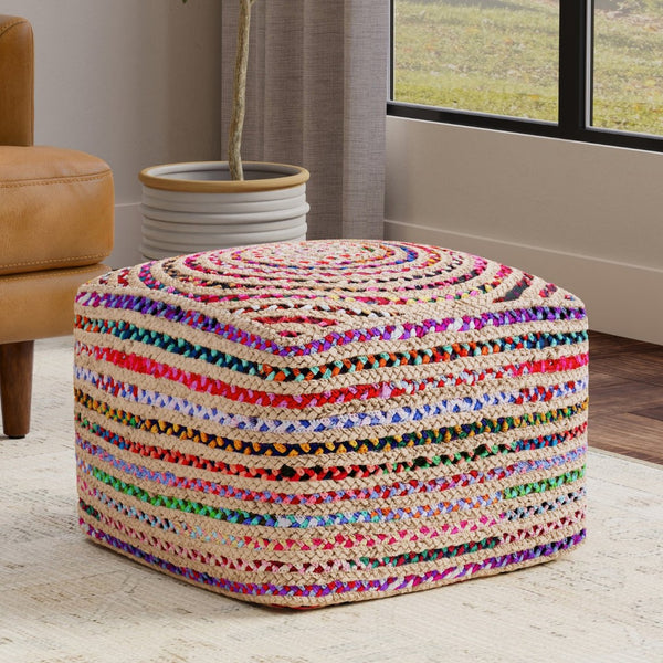 English Elm Margo Handcrafted Jute Cotton Braided Square Pouf Bohemian Footrest for Living Rooms B136P427594