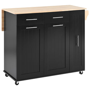 English Elm K&K Kitchen Island with Drop Leaf, Rolling Storage Cart with 3-Tier Pull-Out Organizer, Durable Wood Countertop Black WF531421AAB