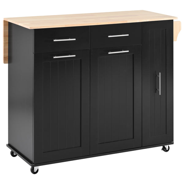 English Elm K&K Kitchen Island with Drop Leaf, Rolling Storage Cart with 3-Tier Pull-Out Organizer, Durable Wood Countertop Black WF531421AAB