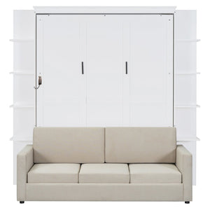 English Elm Queen Murphy Bed with Integrated Sofa Space Saving Fold Down Cabinet for Studio Living White LP000591AAK-1