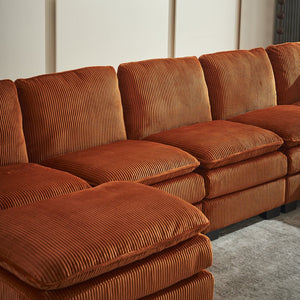 English Elm Modern U Shaped 6-Seat Sectional Sofa with Ottoman and 3 Toss Pillows, Corduroy Modular Comfort and Durable Frame Orange W2363S00043