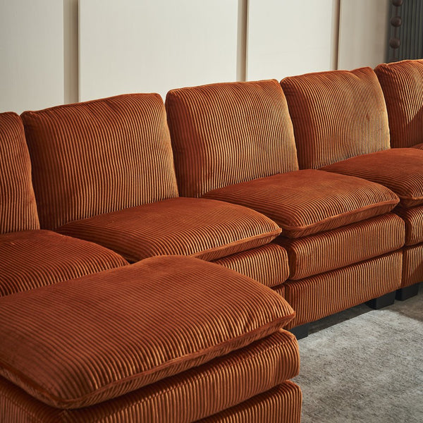 English Elm Modern U Shaped 6-Seat Sectional Sofa with Ottoman and 3 Toss Pillows, Corduroy Modular Comfort and Durable Frame Orange W2363S00043