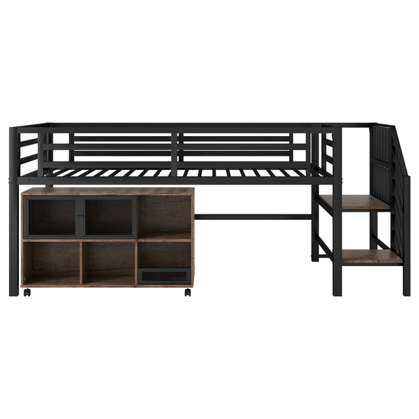 English Elm Twin Metal Loft Bed with Stairs and Six Storage Cubbies, Sturdy Metal Slat Support, Safe Low Design for Kids Black 75.2 L x 17.72 W x 9.45 H W2593P305749