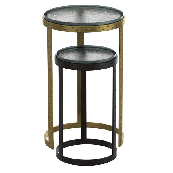 Worldwide Home Furnishings Ares-2pc Antique Gold & Black Accent Table Set – Sturdy Metal Frames With Unique Cast Glass Tops Black,Antique Gold Metal,Cast Glass 501-098gl_Bk