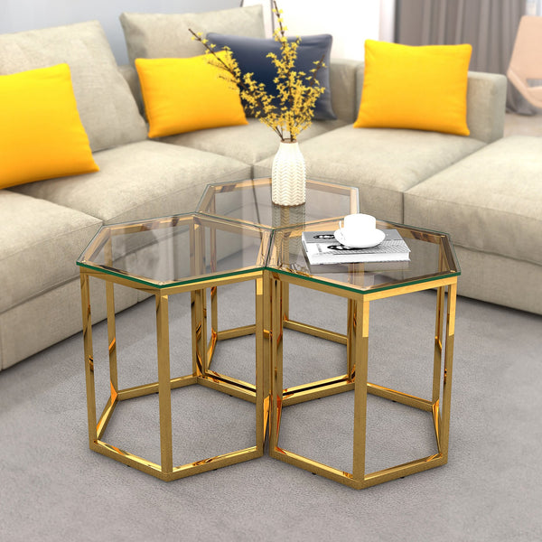 Worldwide Home Furnishings Fleur-3pc Modular Accent Table Set - Chic Gold Design For Versatile Layouts In Any Modern Space Gold Metal,Glass 501-635gl-3