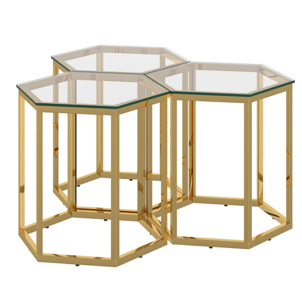 Worldwide Home Furnishings Fleur-3pc Modular Accent Table Set - Chic Gold Design For Versatile Layouts In Any Modern Space Gold Metal,Glass 501-635gl-3
