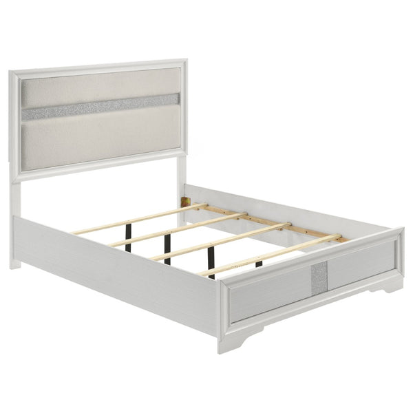 English Elm Annie Glam Queen Bed Glittering Stripe Upholstered Headboard Padded White Panel Frame B062S01599