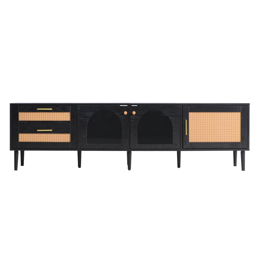 English Elm Rattan Black TV Stand with 3 Cabinets & 2 Rattan Drawers, LED Media Console, Cable Management, 80" N710P206015B