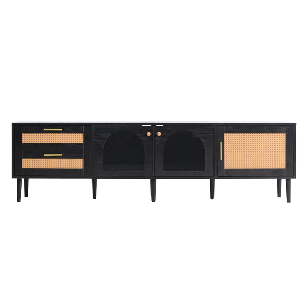 English Elm Rattan Black TV Stand with 3 Cabinets & 2 Rattan Drawers, LED Media Console, Cable Management, 80" N710P206015B