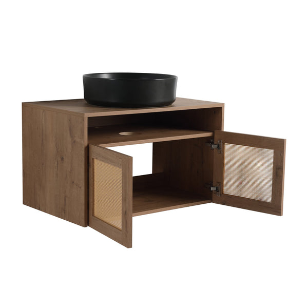 English Elm 30" Modern Wall-Mounted Bathroom Vanity With Black Ceramic Sink, Soft-Close Doors, Oak Finish W999S00398