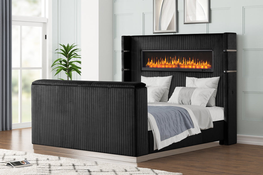 English Elm Lavish King Bed With Fireplace Headboard & Tv Stand Footboard - Modern Black Upholstered Design B009S01412