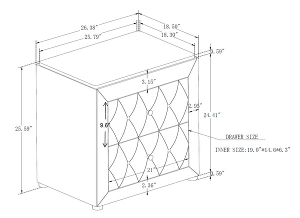 English Elm 1pc Velvet Tufted Nightstand with Faux Marble Top, Crystal Knobs and Two Drawers for Luxe Bedroom Gray 28.03 L x 20.28 W x 27.17 H B2741P321093