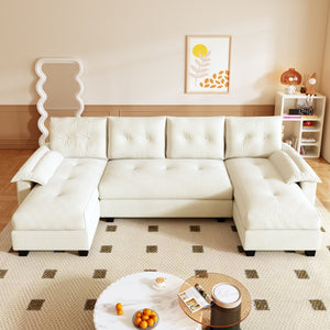 English Elm 104.7" U-Shaped Sleeper Sofa with Pull-Out Bed, Convertible Modular Sectional with Chaise, USB Ports, Chenille Upholstery Beige+White W1885S00211