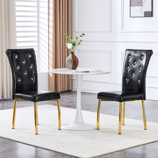 English Elm Set of 4 Glam Faux Leather Dining Chairs with Crystal Buckle and Gold Tone Legs Black+Gold W3226P311061