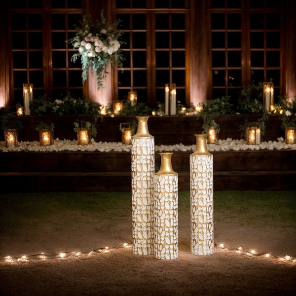 English Elm Floor Antique White Gold Metal Vases Set of 3 (32/28/24") — Tall Decorative Centerpieces for Entryway W2796P193594